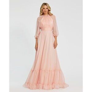 MAC DUGGAL Size 10 Pink 68225 Chiffon Ruched Illusion Sleeve Ruffled Gown Dress
